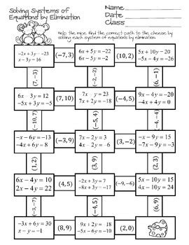 solving systems  equations  elimination maze  ayers math flairs
