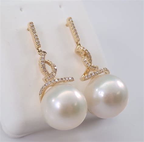 12 Mm Pearl And Diamond Dangle Drop Earrings 14k Yellow Gold June