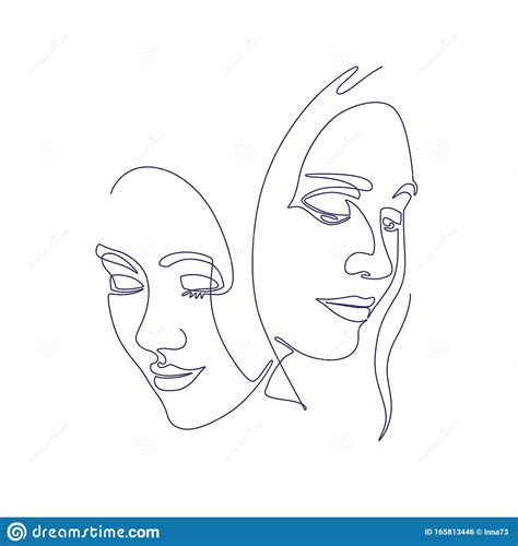 Continuous Line Two Women Faces Abstract Modern Art Stock Vector