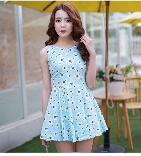 2015 Korean Hot Summer Korean Sleeveless Floral Printing Blue Short Dress