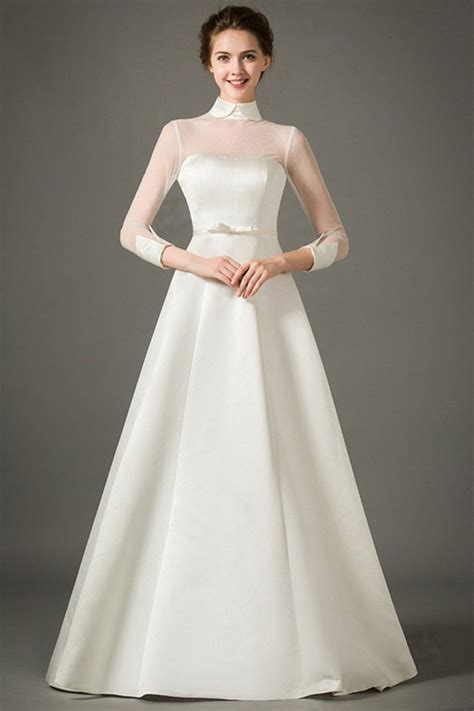 a line high neck collar sheer tulle sleeve satin wedding