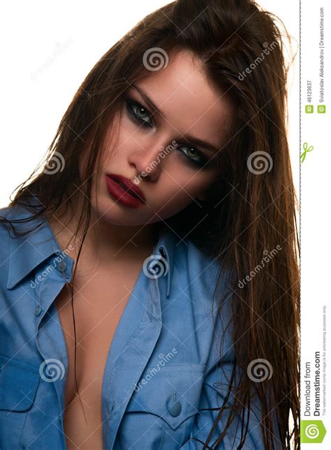 Beauty Female Brunette With Red Lips And Smoky Eyes Stock