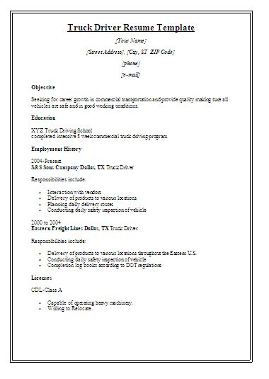 printable truck driver resume template  word templates