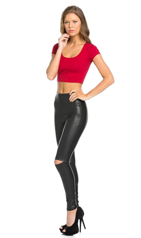 Knee Slit Faux Leather Leggings In Black Plus Sizes Available