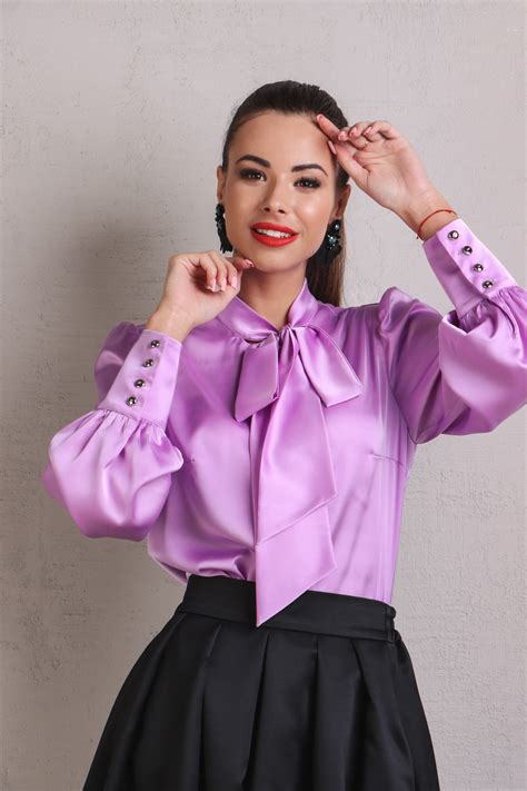 pussy bow blouse artificial silk retro tie neck blouses for etsy finland