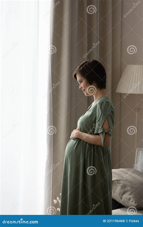 Vertical Photo Of Profile Pregnant Woman In Dress Touching Belly Stock