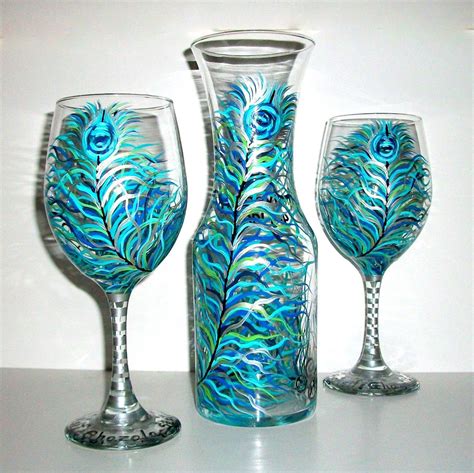 Peacock Feather Glassware 3 Piece Set Wine Carafe Decanter And 2 20 Oz