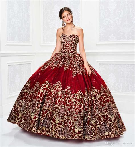2020 gorgeous quinceanera dresses red with gold lace