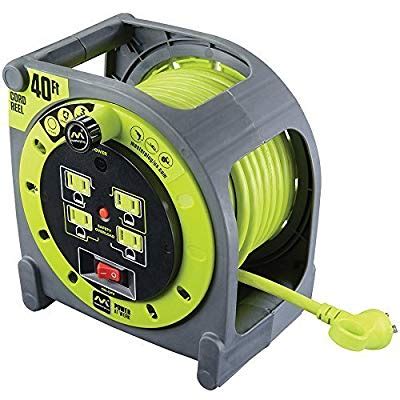 masterplug heavy duty extension cord case reel     amp integrated outlets ft