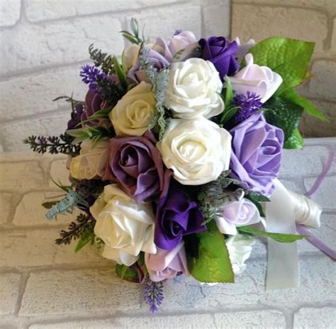 artificial bouquet purple lilac and ivory roses with lavender etsy