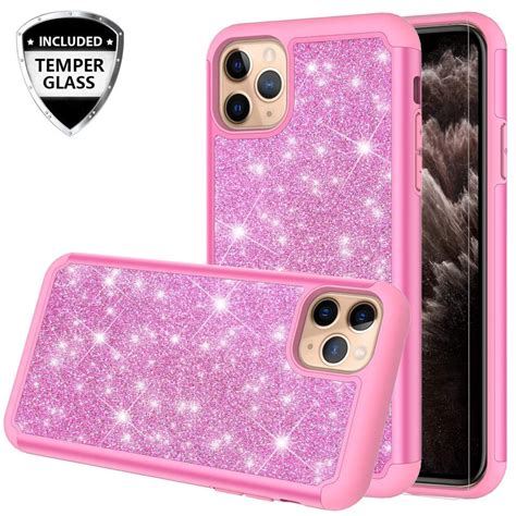 apple iphone  pro case glitter cute phone case tempered glass screen protector bling