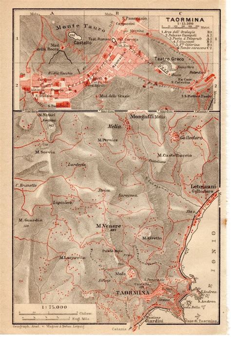 Antique Maps Sicily 1911 Taormina Sicily Antique Map Taurmina