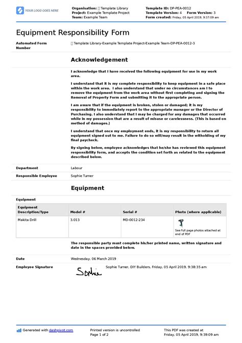 employee equipment responsibility form template