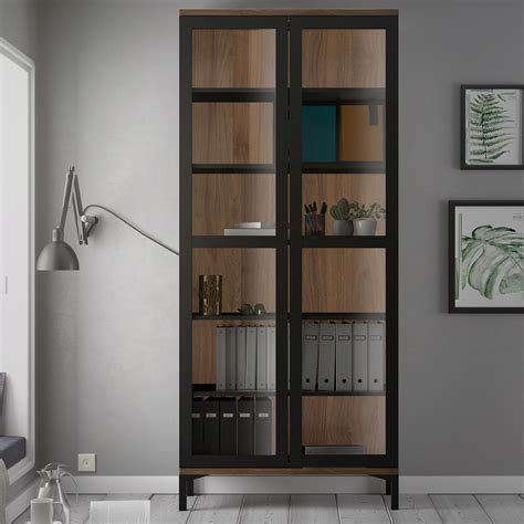 Roomers Glazed Display Cabinet 2 Doors In Black And Walnut