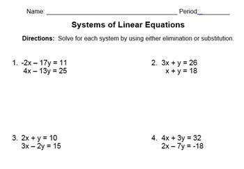 systems  equations worksheets elimination substitution word problems