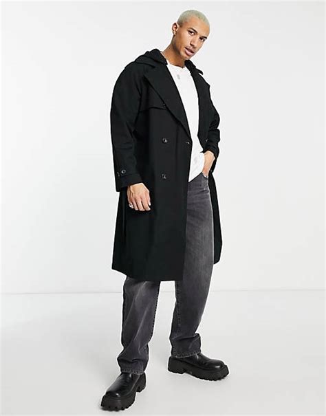asos design water resistant oversized trench coat  black  jersey hood asos