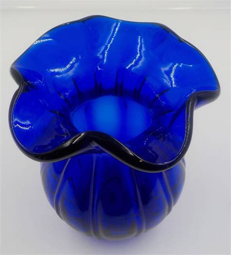 Vintage Cobalt Blue Glass Beautiful Vase Ruffle Edge Etsy Blue