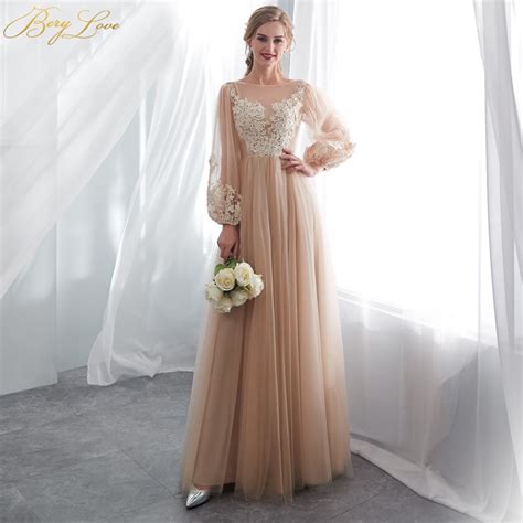Berylove Elegant Champagne Prom Dresses Long Sleeves Tulle Lace Prom