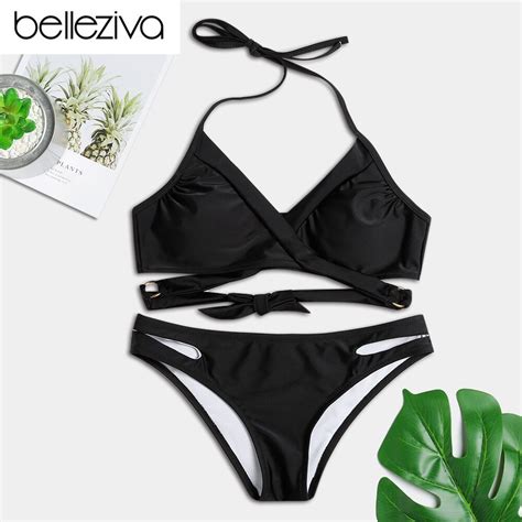 belleziva sexy women close fitting solid color swimsuit two pieces