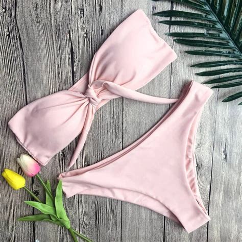 Female Brazilian Pink Bow Swimsuit Solid Color Tanks Bikinis Set 2017