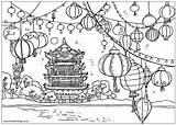 Colorir Chinese Paisagem Chinesa Lanterns Março sketch template
