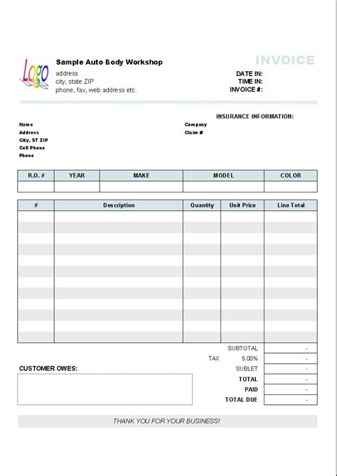 automotive repair invoice template invoice manager  excel
