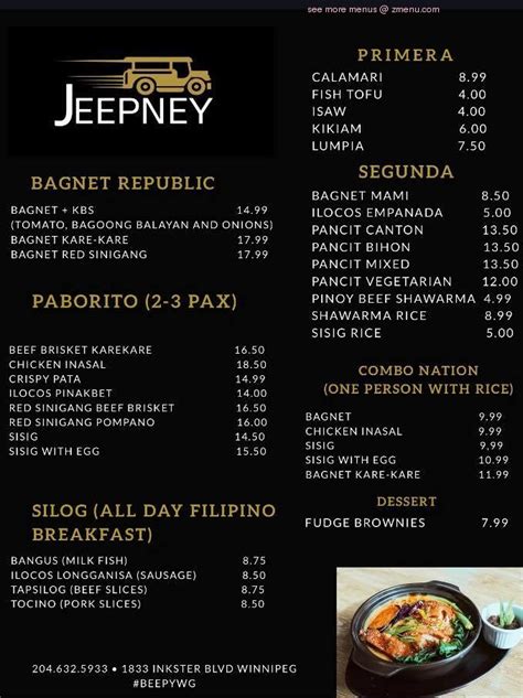 menu  jeepney restaurant winnipeg restaurant winnipeg