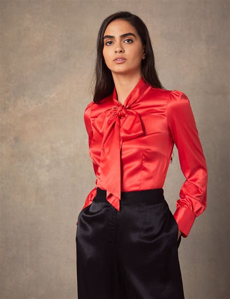 Women S Paprika Red Fitted Luxury Satin Blouse Pussy Bow Hawes And Curtis