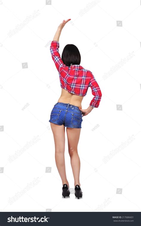 Photo De Stock Sexy Girl Jeans Shorts Standing Back 217686601