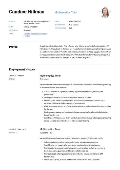 mathematics tutor resumes writing guide  examples