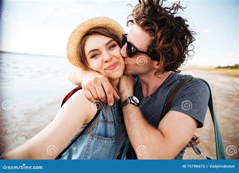 Couple Kissing And Taking Selfie Outdoors Stock Image Image Of