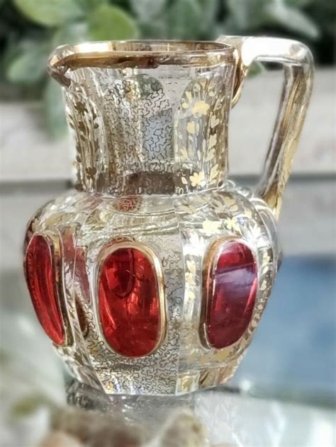 Moser Miniature Cabochon Glass Pitcher 3” Gold Gilt Red Bohemian