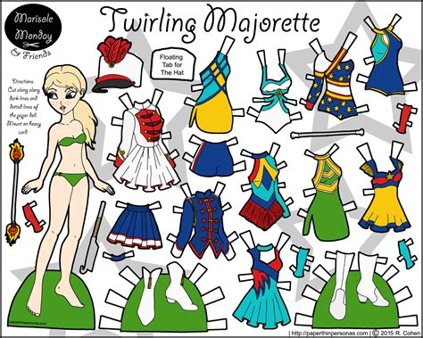 baton twirling majorette paper doll  color paper thin personas