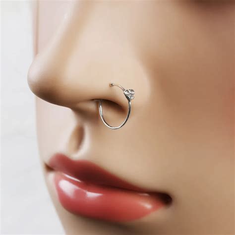 pair thin  crystal silver plated nose ring hoop stud sparkly crystal