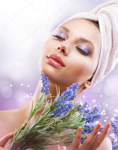 spa girl  lavender flowers organic cosmetics stock photo