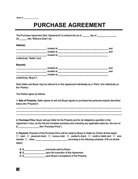 purchase agreement template printable  word