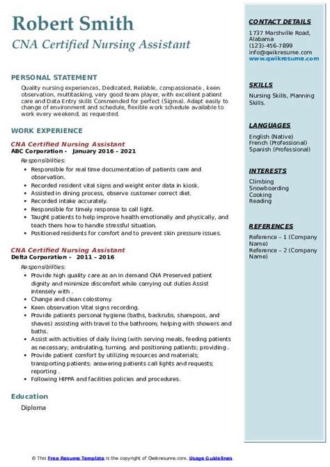 cna certified nursing assistant resume samples qwikresume