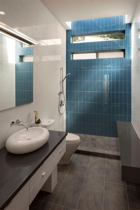 blue tile accent wall modern bathroom  polished white wall tile