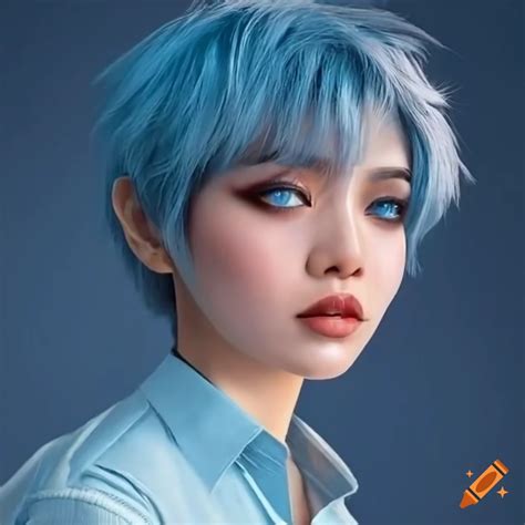 Samantha Is A Asian Trans Girl She Has Light Blue Hair In A Pixie Cut