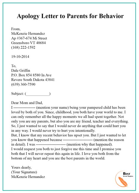 apology letter template  parents sample examples  letter