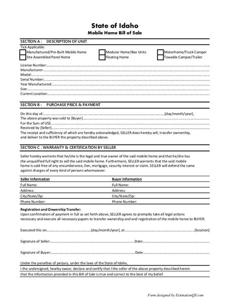 idaho mobile home bill  sale template  printable form usa estimation qs