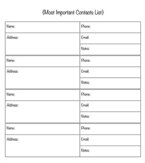 printable contact list template printable templates