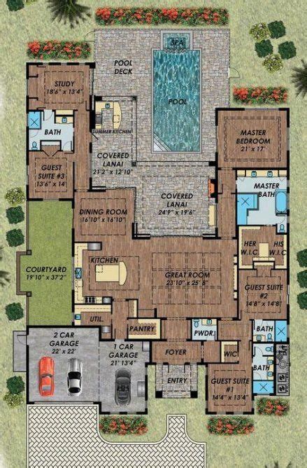 trendy house plans  pool courtyard master suite mediterraneanhomes pool house plans