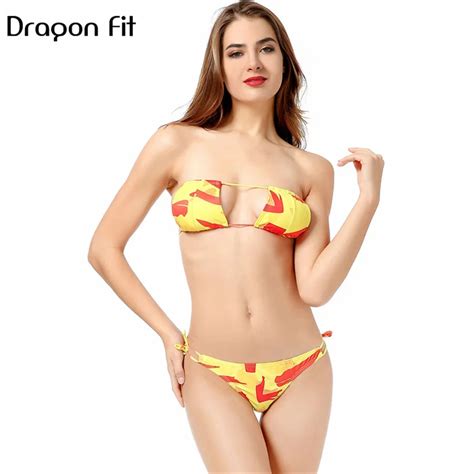 dragon fit  sexy bandage hollow  print swim suit bikini spaghetti strap push  beach