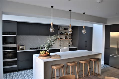 modern dark grey kitchen  black handles contemporary kitchen london  eclectic