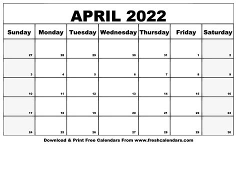 blank printable april  calendars