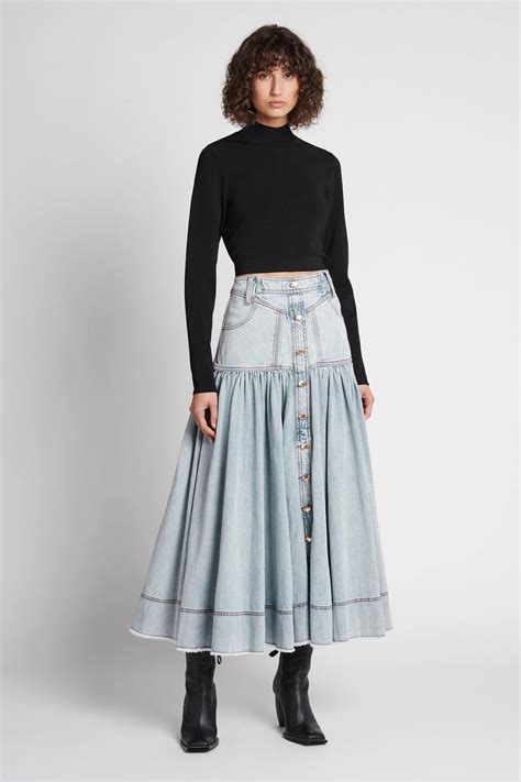 skirts belmond button denim tiered midi skirt blue wash aje womens