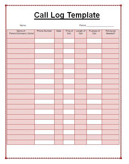 call log templates  word excel  formats templates