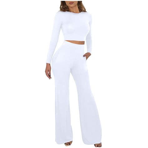 forwelly all white two piece outfits set for women ladies long sleeve