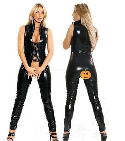 sexy pvc latex catsuit erotic clubwear faux leather open crotch